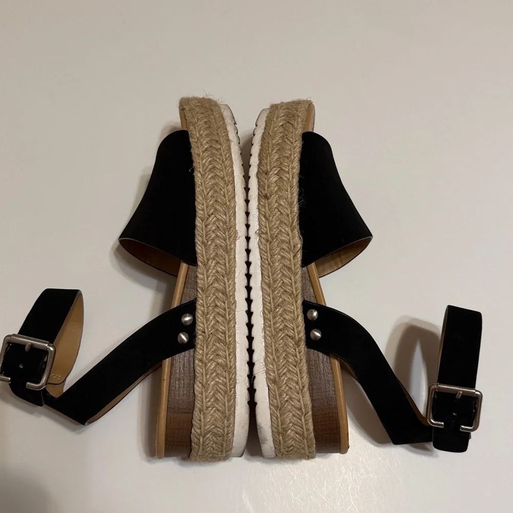 SODA black platform sandals, ankle strap, open front and back, jute accent, 7.5